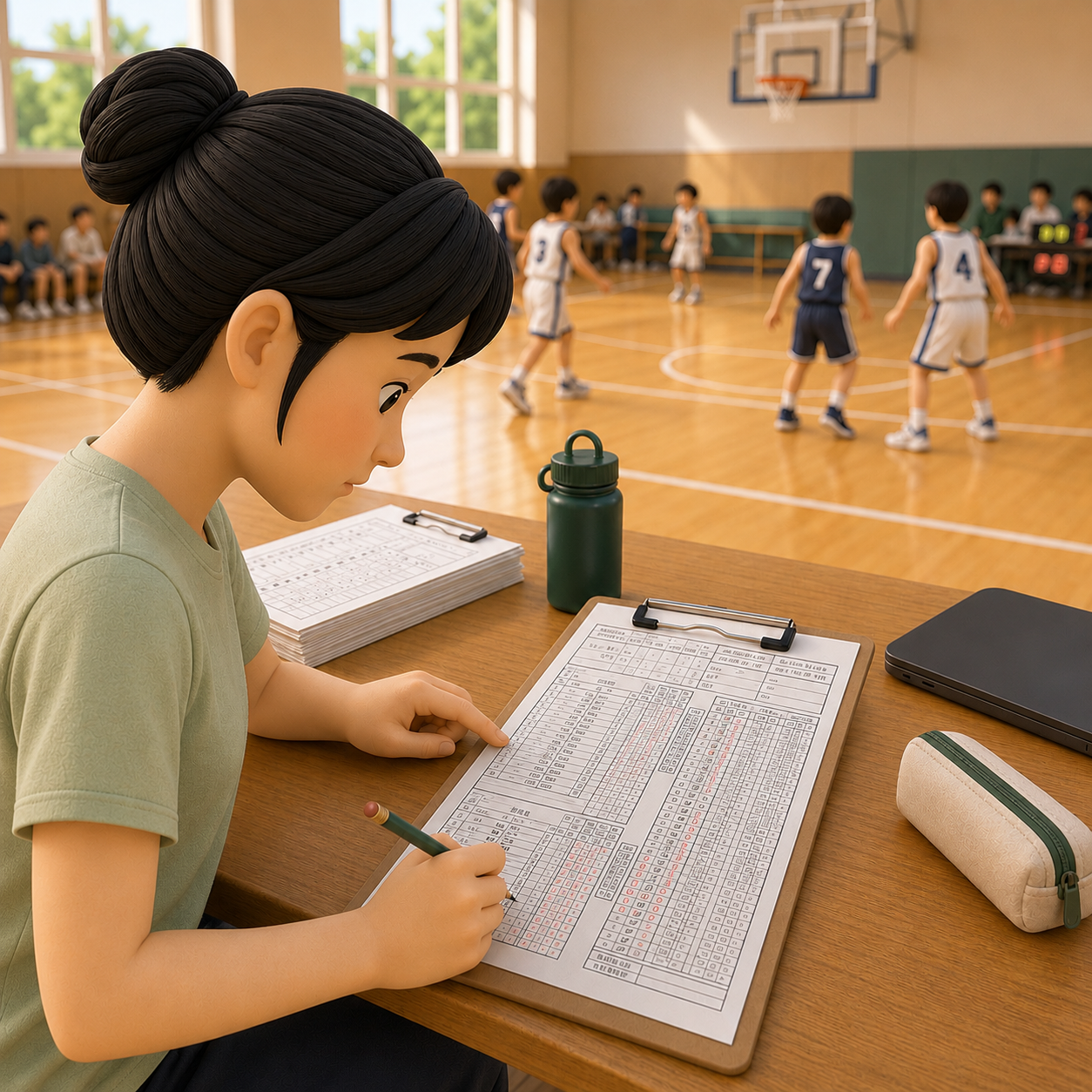 試合を見ながら紙の公式スコアシートに手書きで記録している保護者のイラスト
