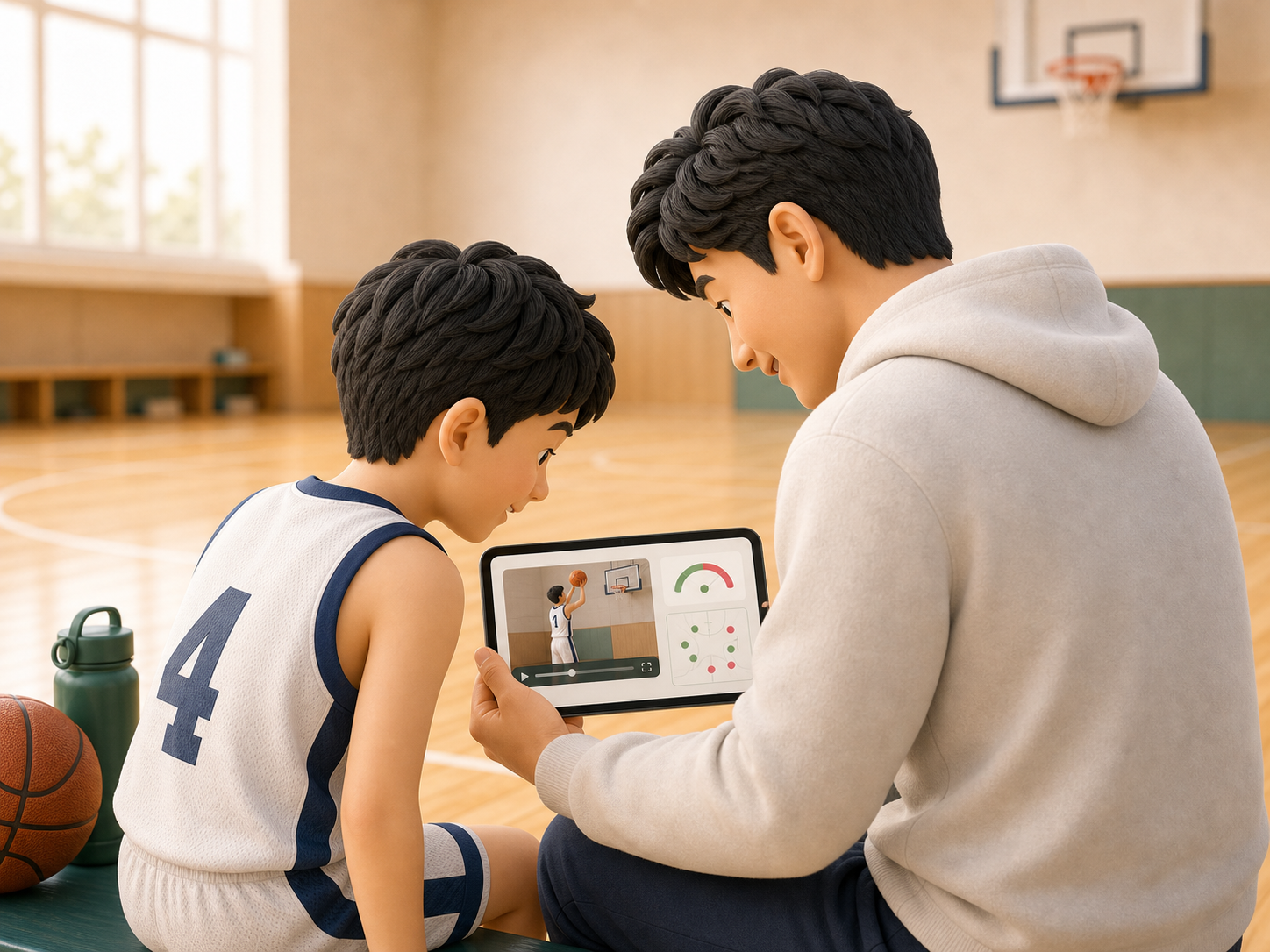 体育館のベンチで親子がタブレットのプレー動画とスタッツを見返している様子