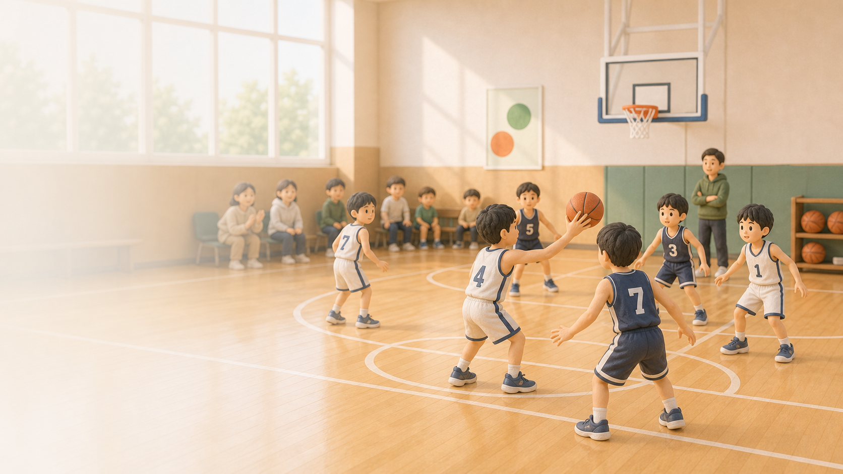 ミニバスの試合で子どもたちがプレーしている様子