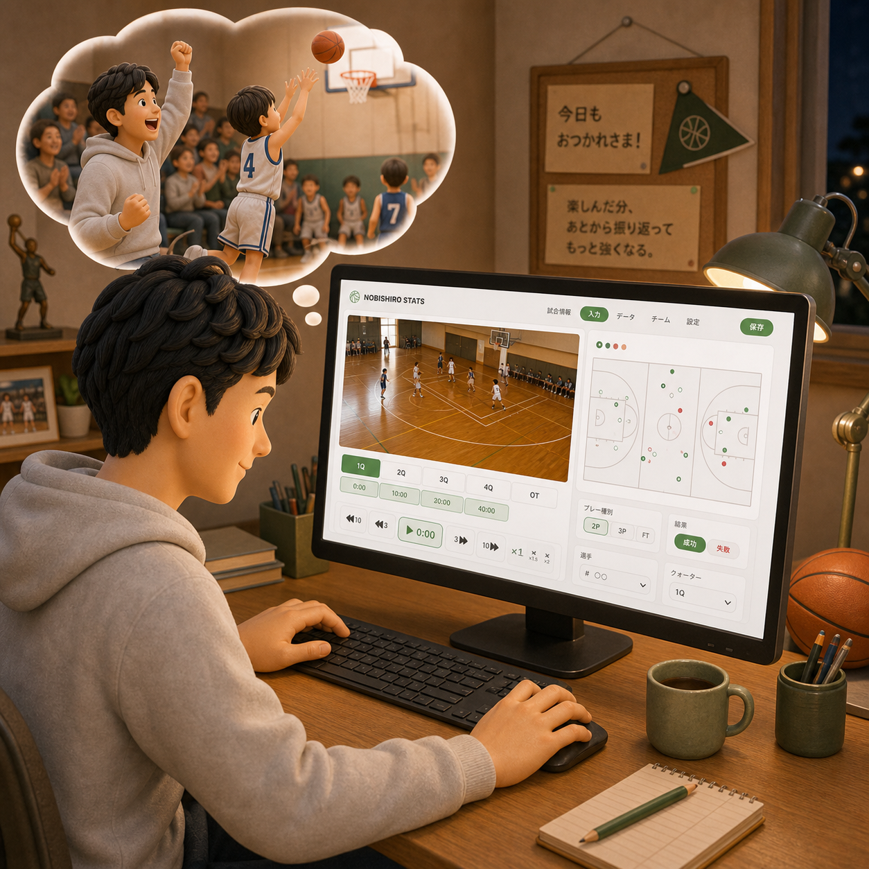 試合後に父親がデスクトップPCで動画を見ながらスタッツを入力し、応援していた場面を思い出しているイラスト