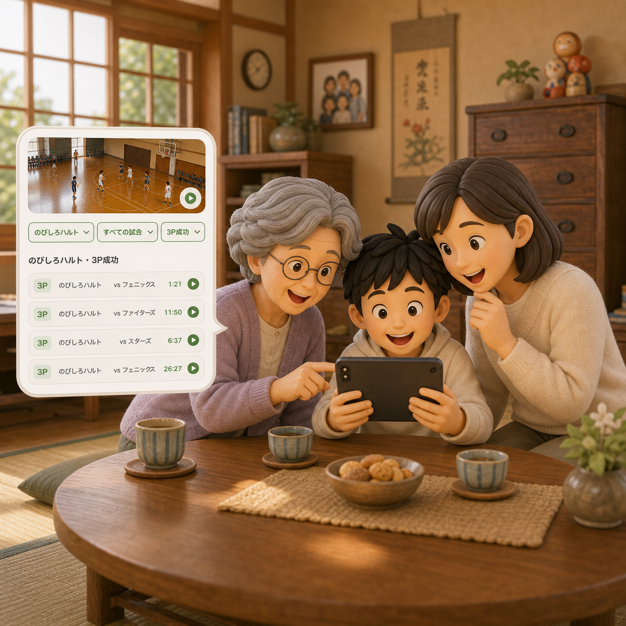おばあちゃんの家で祖母と母と子どもが動画クリップを楽しく見返しているイラスト