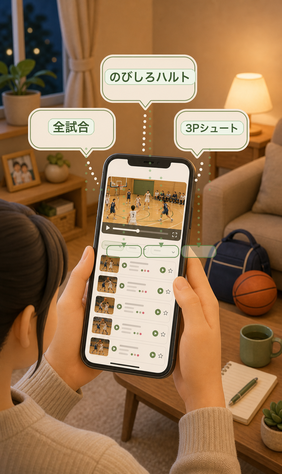 自宅のソファでスマホを持ち、選手・試合・プレー種別で絞り込んだプレー集を見返している様子