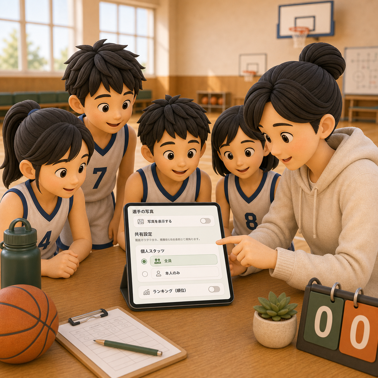 ランキングを非表示にして公開範囲を選べる設定画面を囲む子どもたちのイラスト
