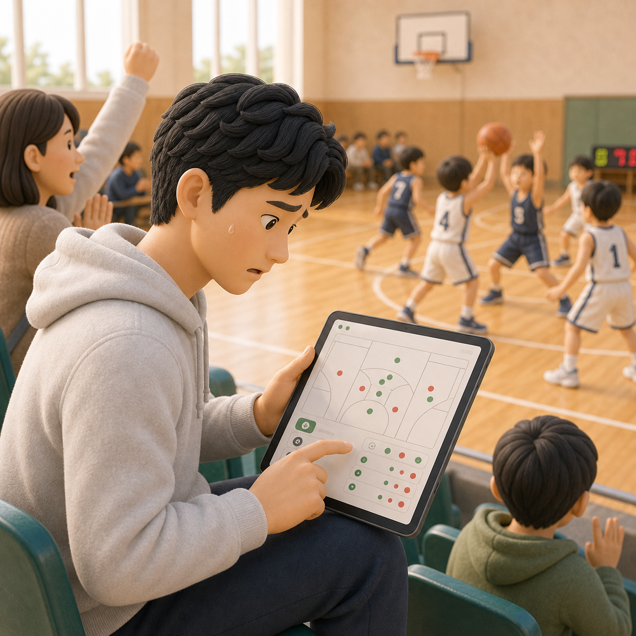 試合中に応援しながらリアルタイム入力に困っている保護者のイラスト