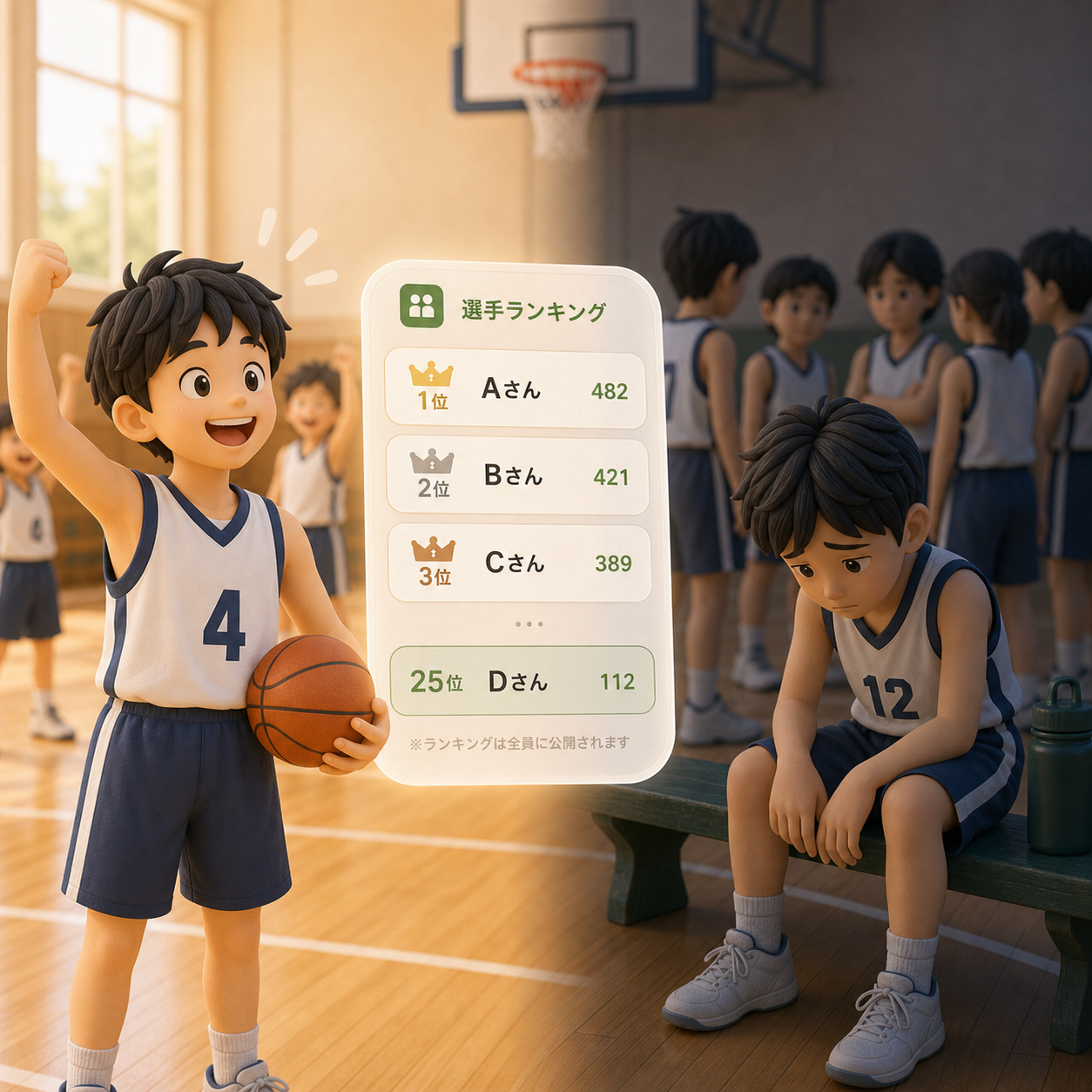 ランキング表示で喜ぶ子どもと落ち込む子どもが分かれてしまうイラスト
