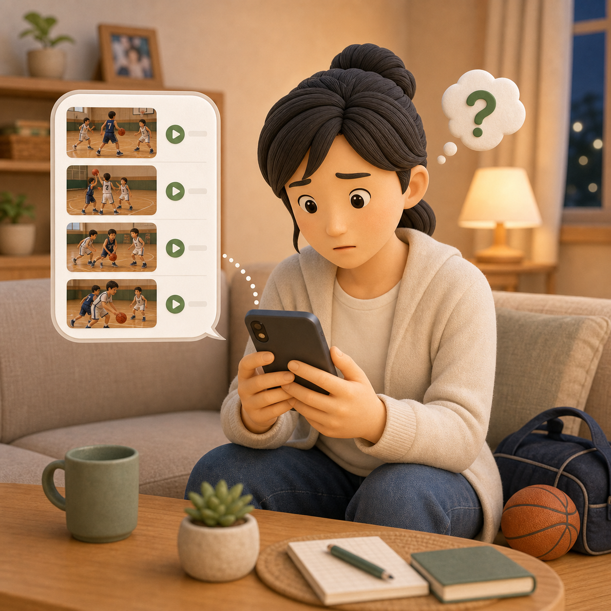 動画が多すぎて目的のシュート場面を探している保護者のイラスト